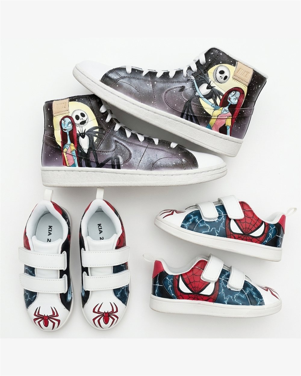 Paires de Nike customisées, montantes L'Étrange Noël de Mr Jack et basses Spider-Man