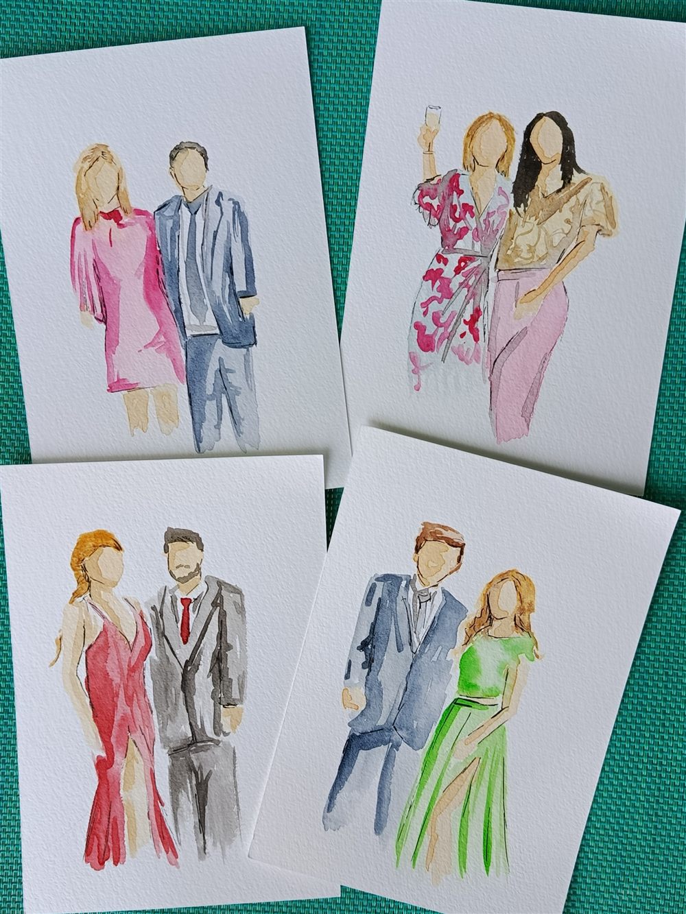 Série de mini portraits aquarelle d'invités de mariage, réalisés en direct