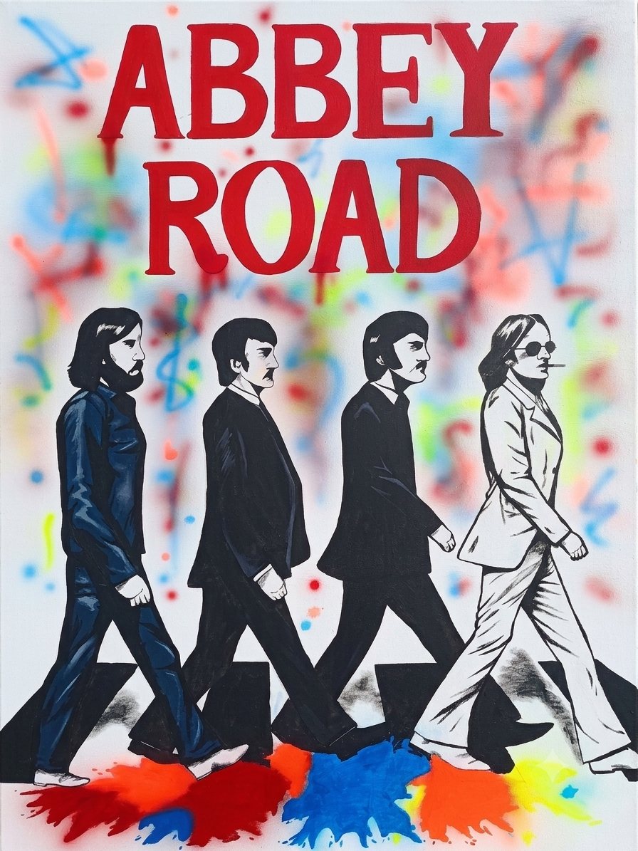 Peinture pop art représentant les Beatles traversant Abbey Road, réalisée à la peinture et à la bombe
