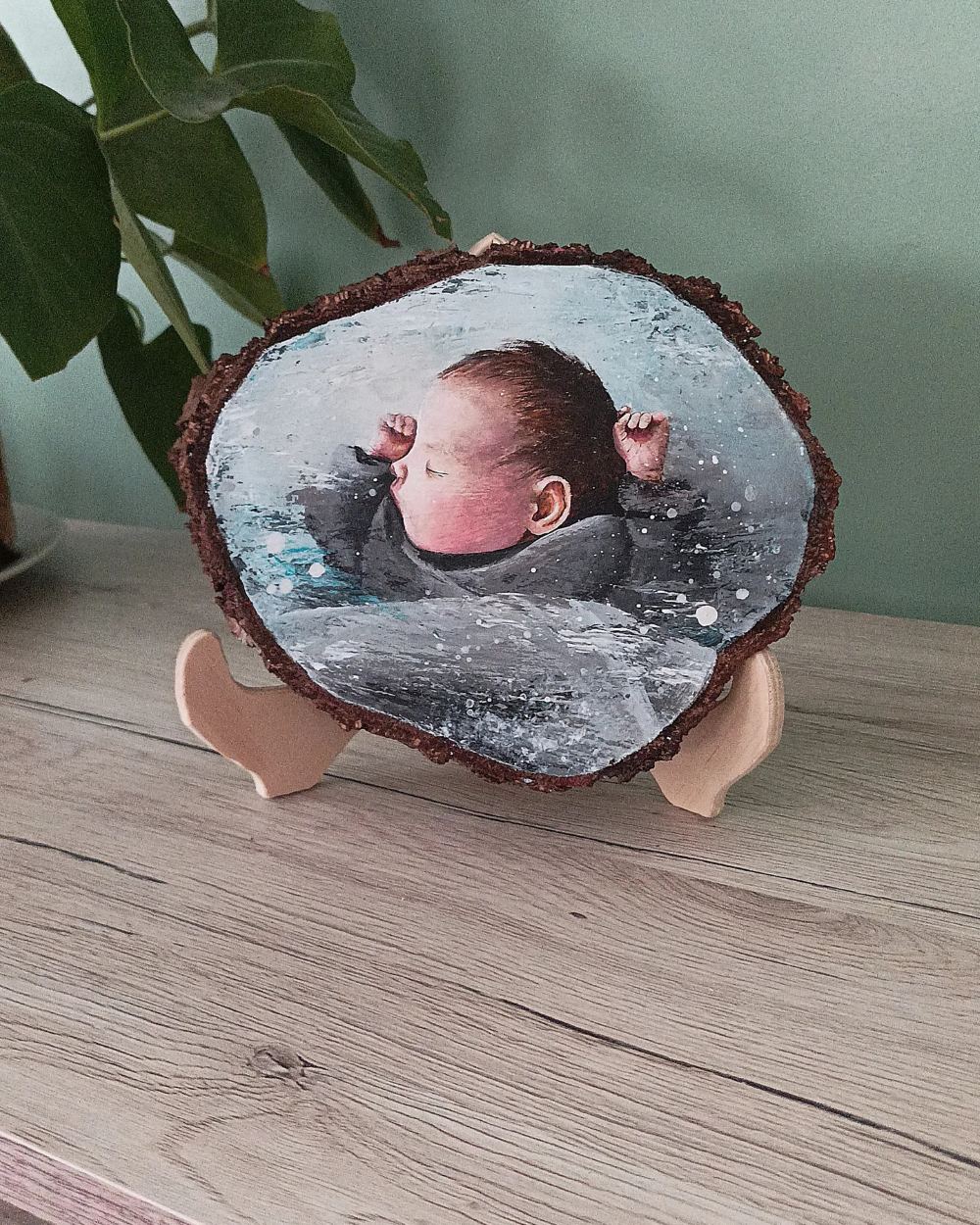Portrait de bébé peint sur une tranche de rondin de bois, présenté sur un petit support