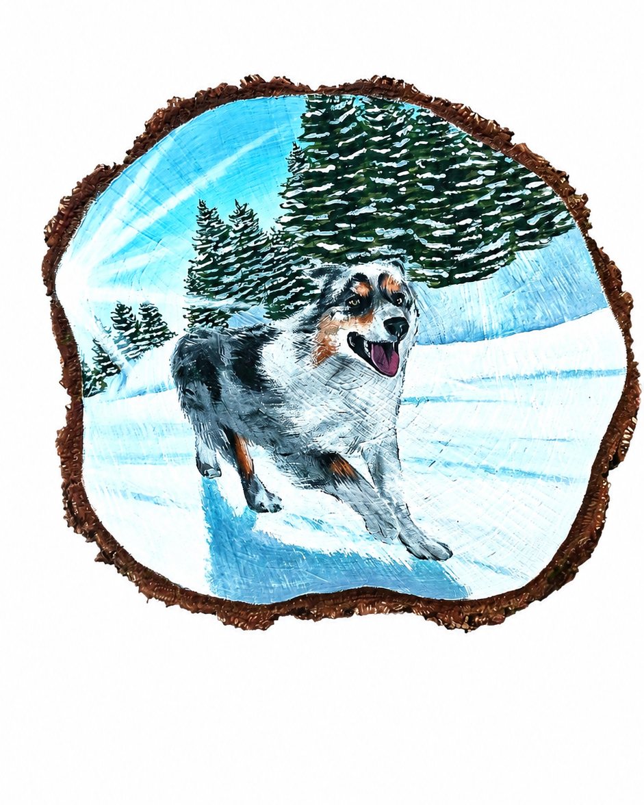 Peinture d'un chien courant dans la neige entouré de sapins, réalisée sur une tranche de rondin de bois