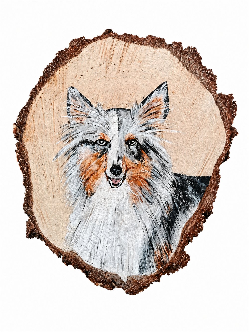 Portrait de chien peint sur une tranche de rondin de bois